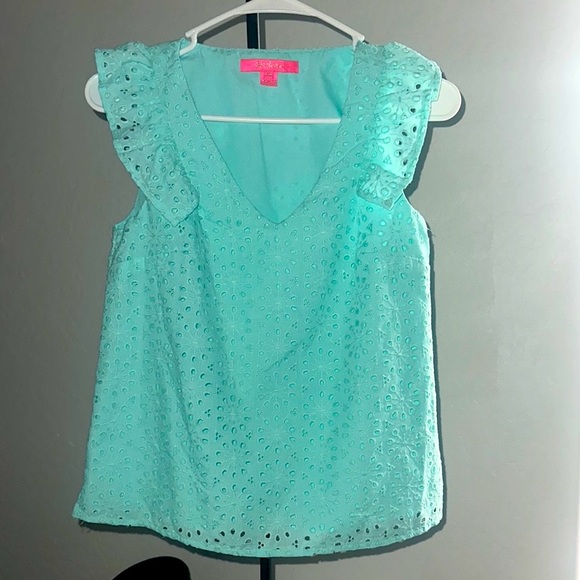 Lilly Pulitzer Lina Eyelet Top in Teal Surf Blue Neon Sunburst Eyelet Size XXS - Picture 1 of 16